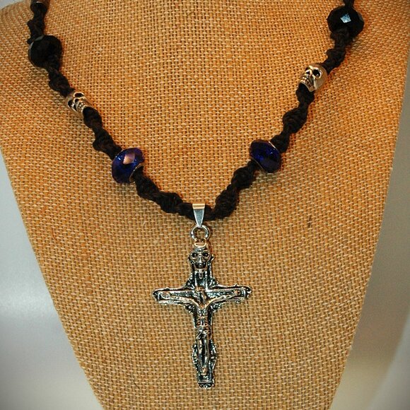 Gothic Crucifix and Skull Cross on a Black Hemp 17 1/2" Handmade Necklace - Picture 3 of 4